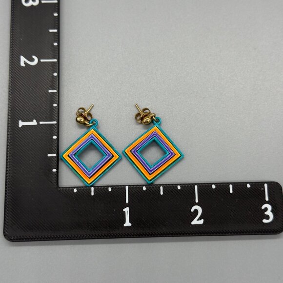 Vintage Bright Multicolor Retro Geometric Enamel Block Square Earrings 80's - Picture 9 of 10